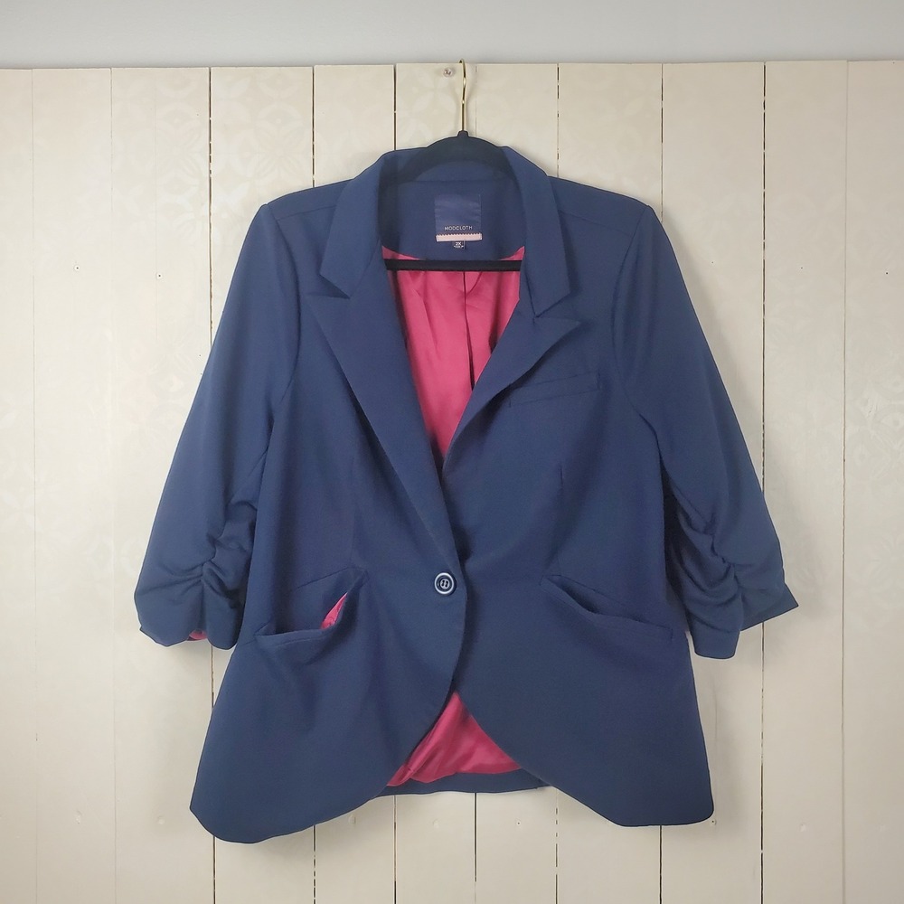 ModCloth Navy Blue Ruched Sleeve Knit Blazer Pink Lining 2X